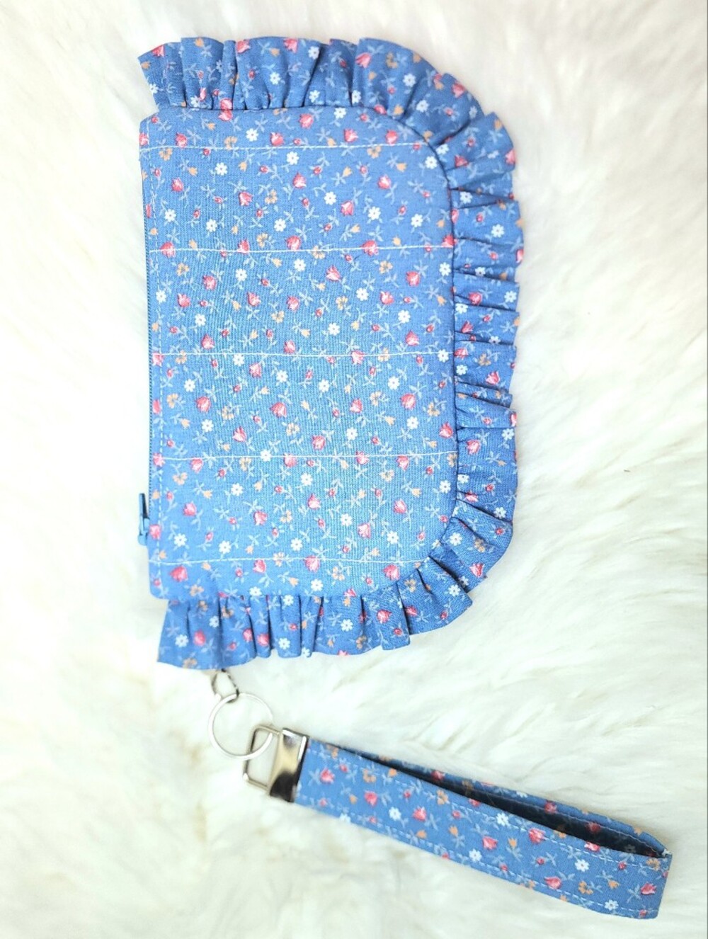 Ruffled Wristlet With Detachable Keychain Handmade Quilted Lined